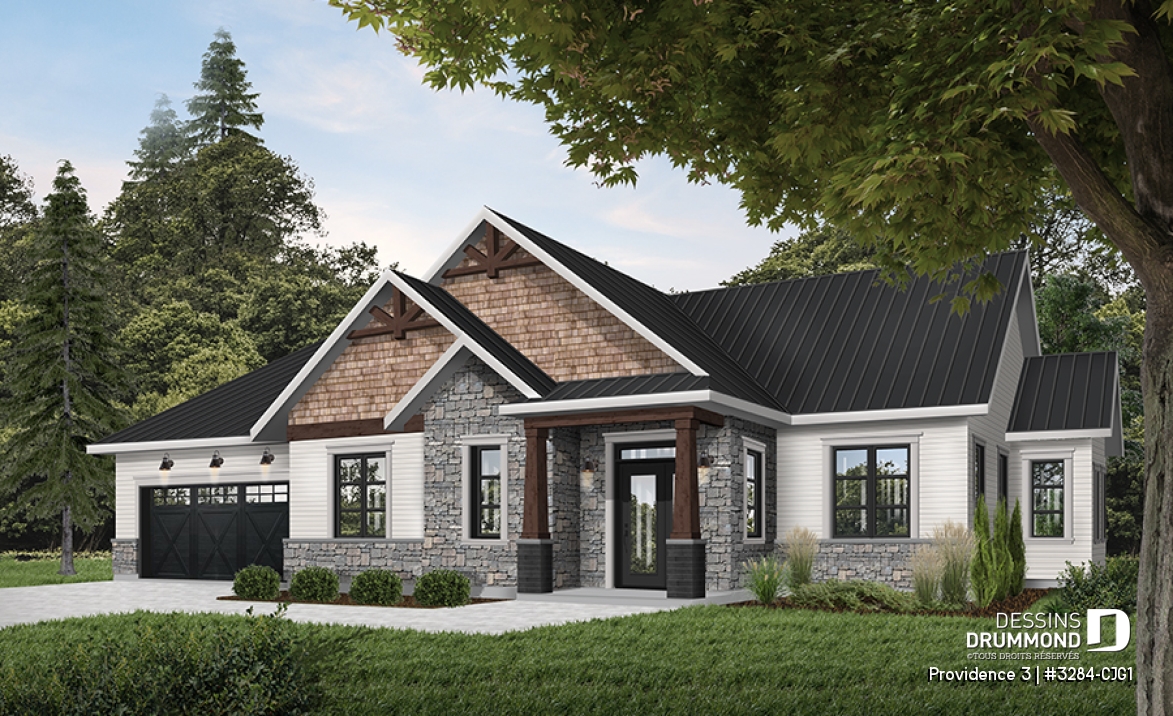 Vue avant - MODÈLE DE BASE - Plan de maison plain-pied champêtre avec garage double, 3 chambres et style rustique chaleureux - Providence 3