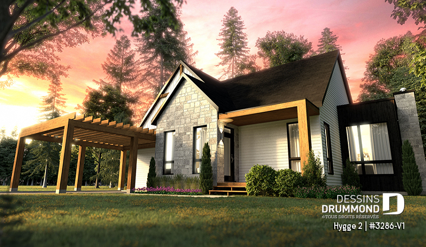 Version couleur no. 1 - Vue avant - Design de maison scandinave, 2 chambres, suite des maîtres, plafond 9', grande terrasse couverte, aire ouverte - Hygge 2