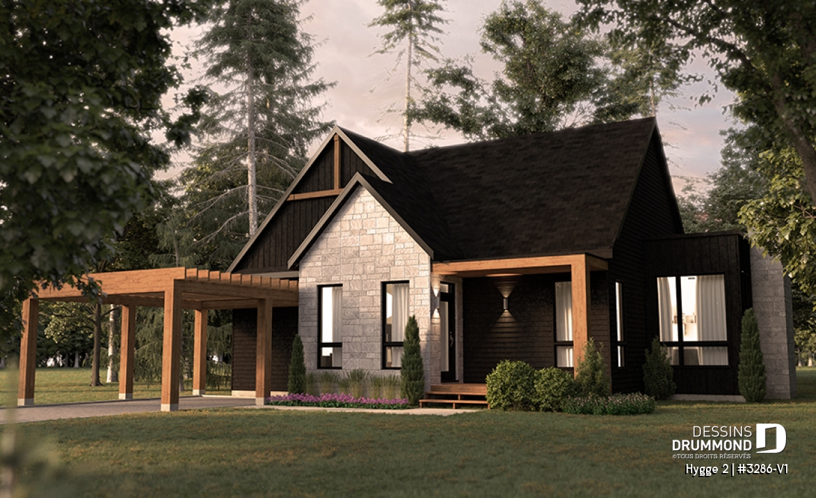 Vue avant - MODÈLE DE BASE - Design de maison scandinave, 2 chambres, suite des maîtres, plafond 9', grande terrasse couverte, aire ouverte - Hygge 2