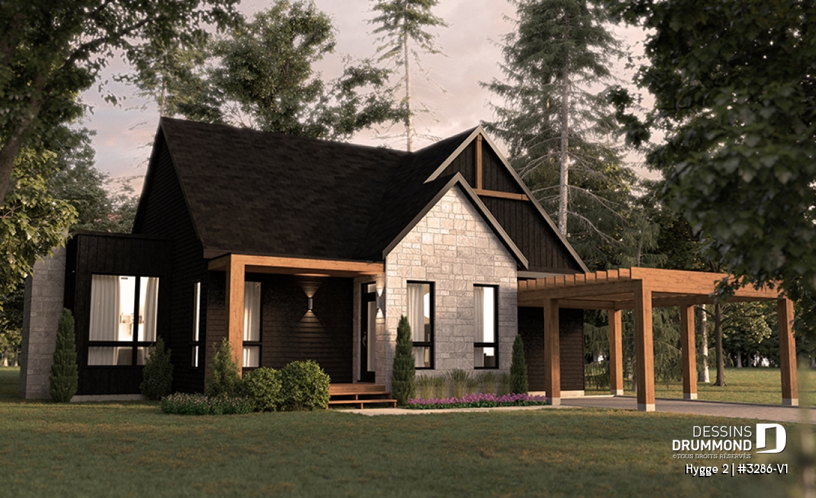 Vue avant - MODÈLE DE BASE - Design de maison scandinave, 2 chambres, suite des maîtres, plafond 9', grande terrasse couverte, aire ouverte - Hygge 2