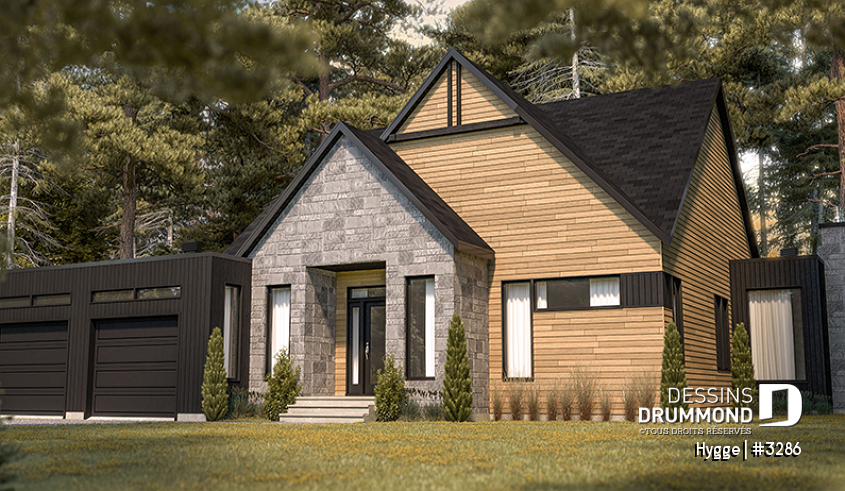 Version couleur no. 1 - Vue avant - Plan de maison style scandinave, 3 chambres, garage double, suite des maîtres, beaucoup de fenêtres, foyer - Hygge