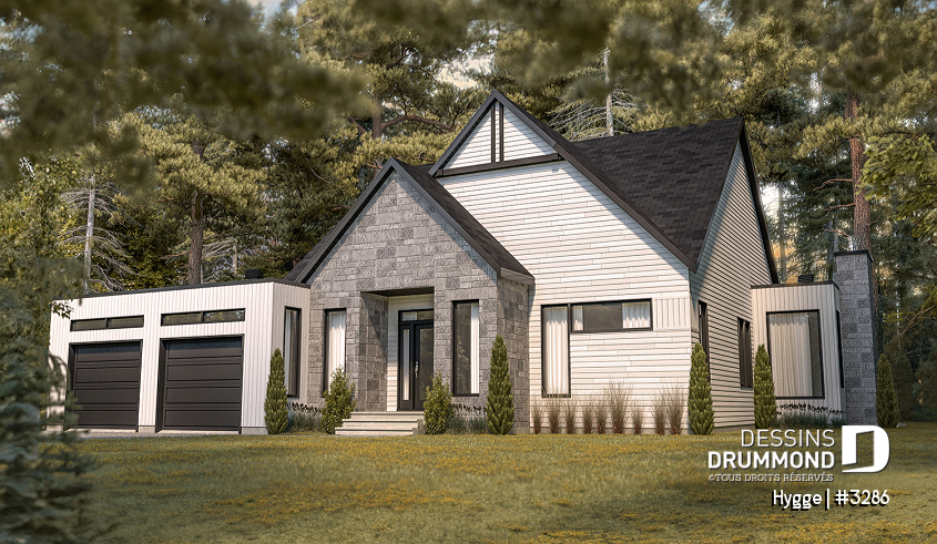 Version couleur no. 3 - Vue avant - Plan de maison style scandinave, 3 chambres, garage double, suite des maîtres, beaucoup de fenêtres, foyer - Hygge