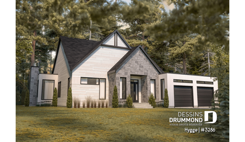 Version couleur no. 3 - Vue avant - Plan de maison style scandinave, 3 chambres, garage double, suite des maîtres, beaucoup de fenêtres, foyer - Hygge