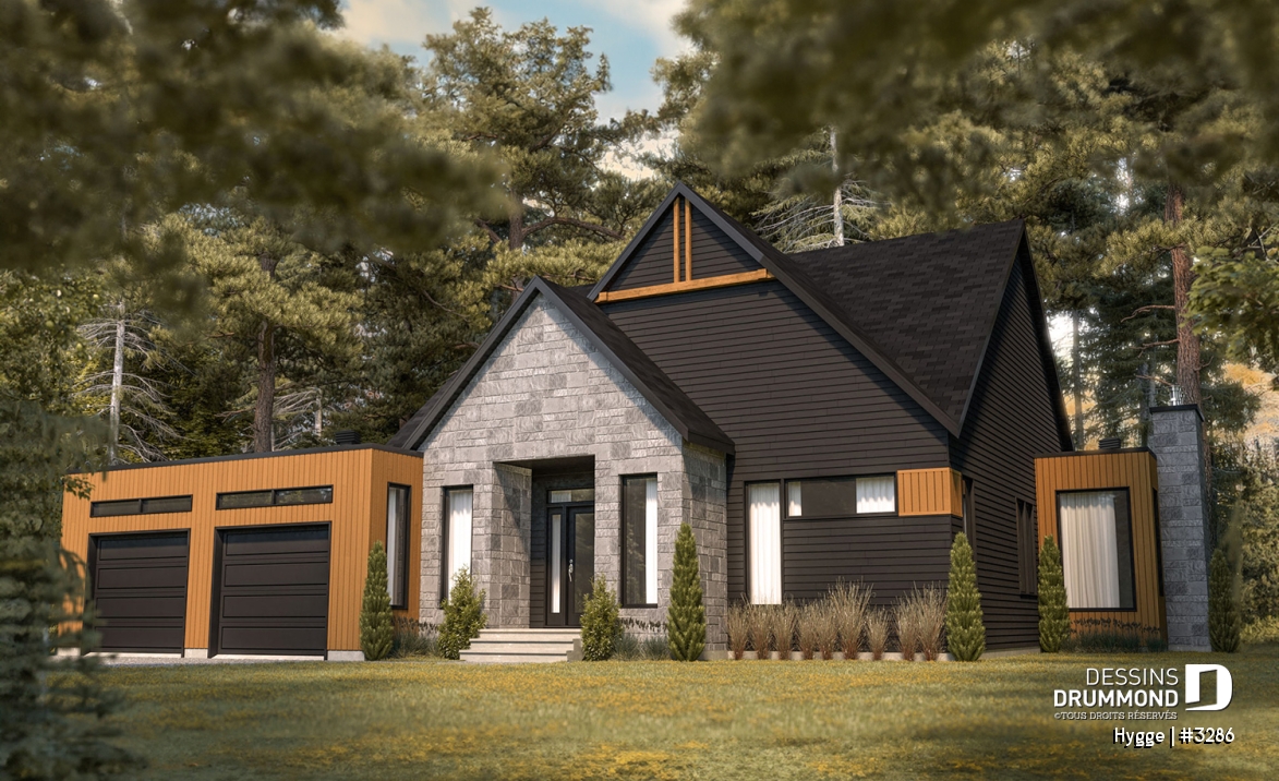 Vue avant - MODÈLE DE BASE - Modèle de maison Scandinave, 3 chambres, suite des maîtres, beaucoup de fenêtres, foyer, terrasse abriitée - Hygge