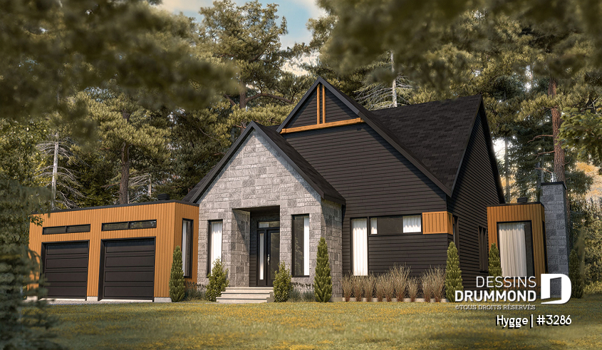 Vue avant - MODÈLE DE BASE - Modèle de maison Scandinave, 3 chambres, suite des maîtres, beaucoup de fenêtres, foyer, terrasse abriitée - Hygge