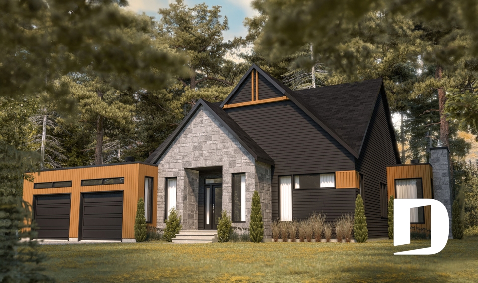 Vue avant - MODÈLE DE BASE - Modèle de maison Scandinave, 3 chambres, suite des maîtres, beaucoup de fenêtres, foyer, terrasse abriitée - Hygge