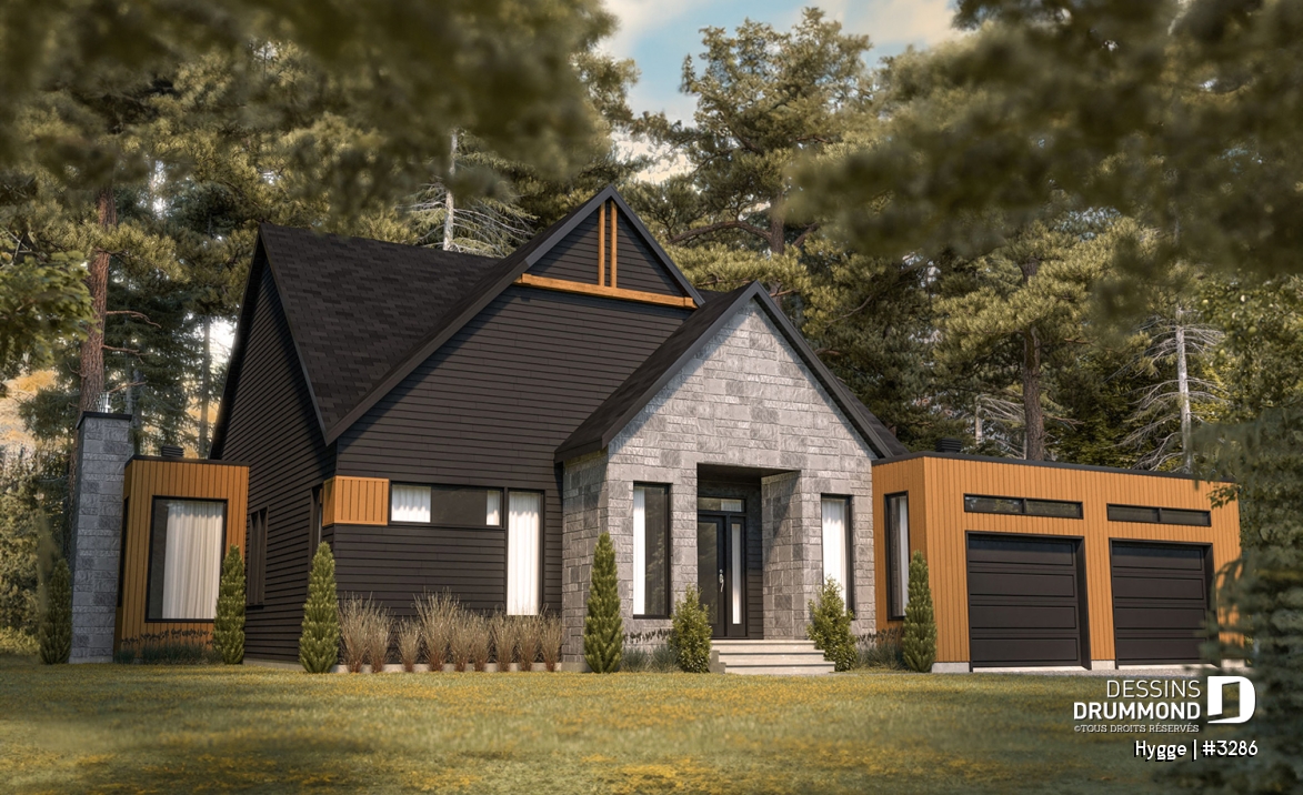 Vue avant - MODÈLE DE BASE - Modèle de maison Scandinave, 3 chambres, suite des maîtres, beaucoup de fenêtres, foyer, terrasse abriitée - Hygge