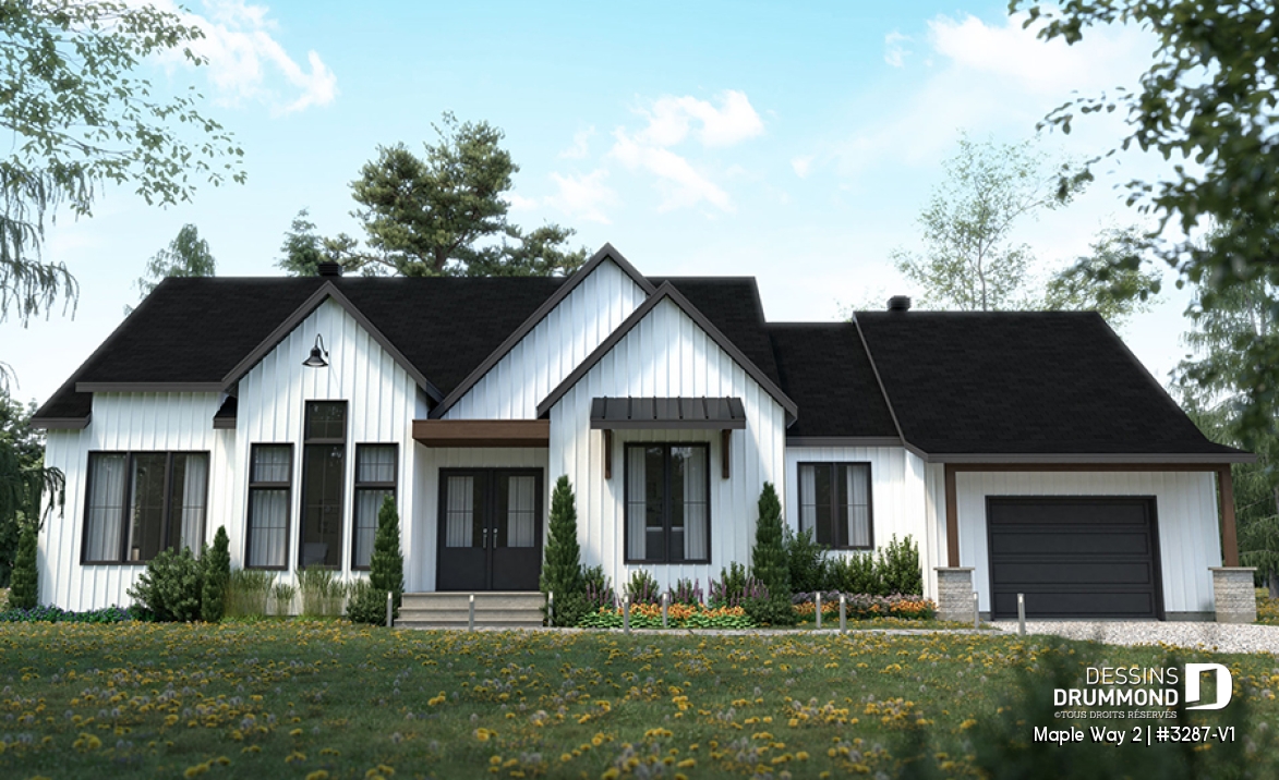 Vue avant - MODÈLE DE BASE - Modèle de maison farmhouse moderne plain-pied, 3 chambres, garage, conçu pour Ludovick Bourgeois - Maple Way 2