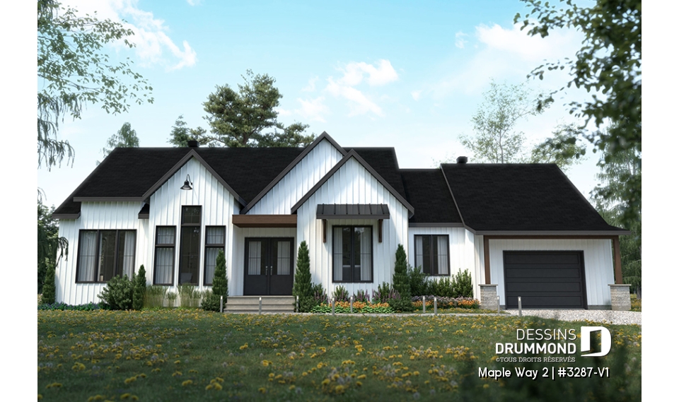 Vue avant - MODÈLE DE BASE - Modèle de maison farmhouse moderne plain-pied, 3 chambres, garage, conçu pour Ludovick Bourgeois - Maple Way 2