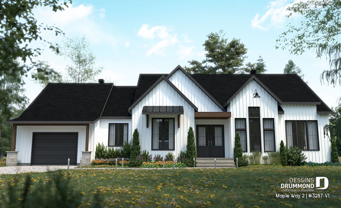 Vue avant - MODÈLE DE BASE - Modèle de maison farmhouse moderne plain-pied, 3 chambres, garage, conçu pour Ludovick Bourgeois - Maple Way 2