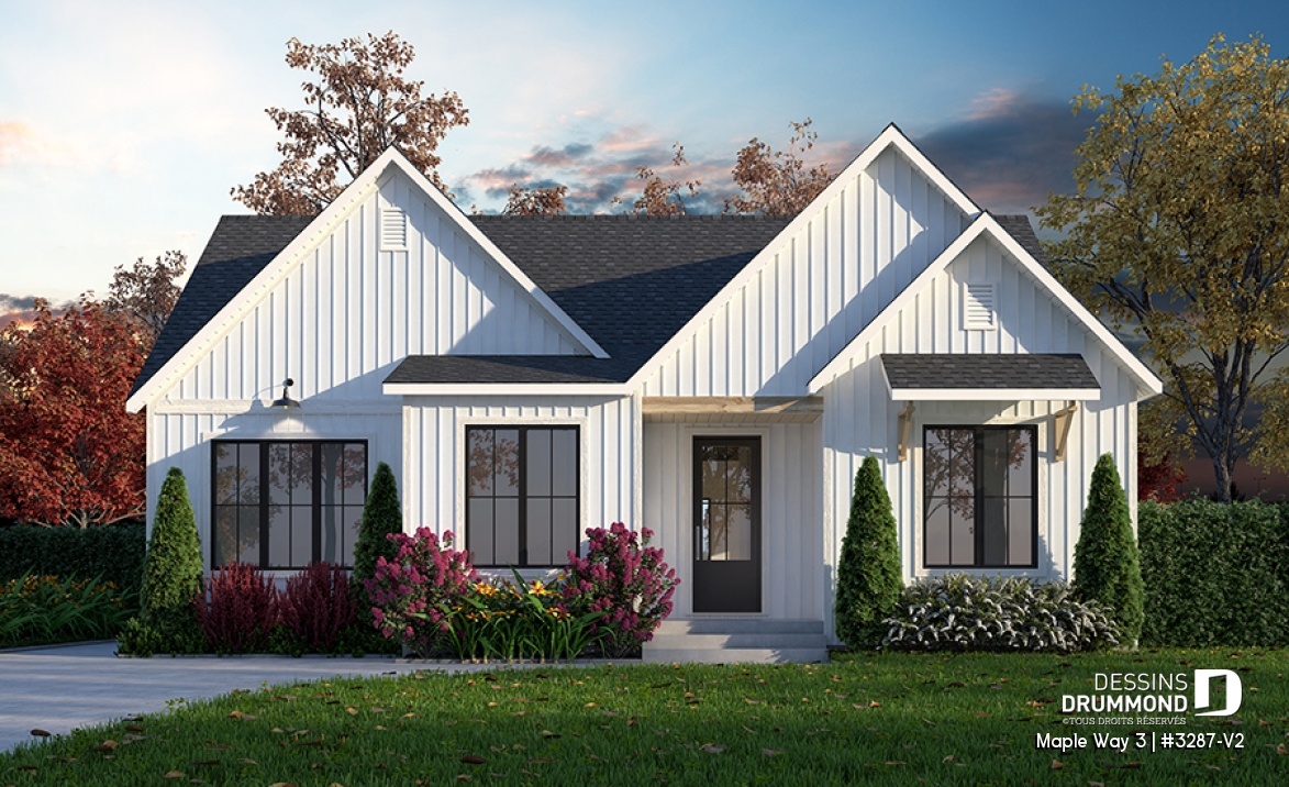 Vue avant - MODÈLE DE BASE - Farmhouse de 4 à 5 chambres, plain-pied et sous-sol aménagé optionnel, superbe lumière naturelle - Maple Way 3