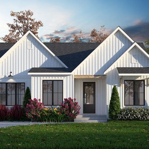 Vue avant - MODÈLE DE BASE - Farmhouse de 4 à 5 chambres, plain-pied et sous-sol aménagé optionnel, superbe lumière naturelle - Maple Way 3