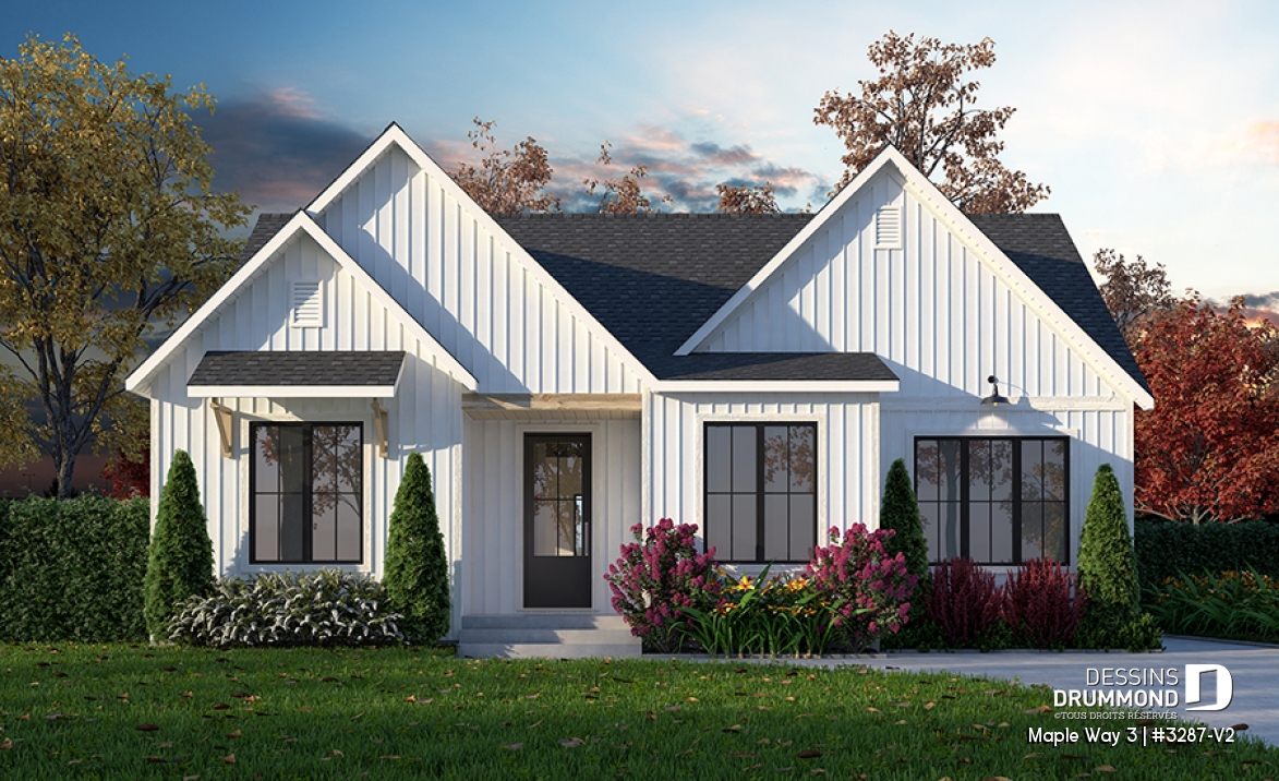 Vue avant - MODÈLE DE BASE - Farmhouse de 4 à 5 chambres, plain-pied et sous-sol aménagé optionnel, superbe lumière naturelle - Maple Way 3