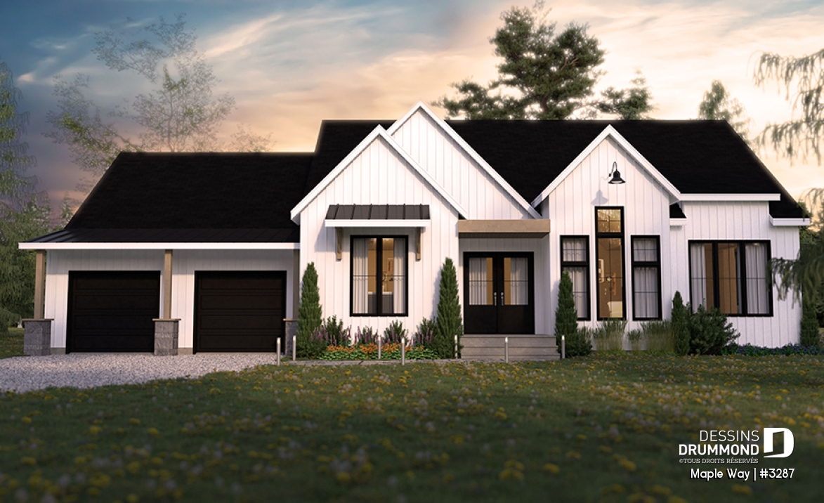 Vue avant - MODÈLE DE BASE - Grand plain-pied Farmhouse, garage double, superbe salle de séjour à plafond de 10', terrasse couverte - Maple Way