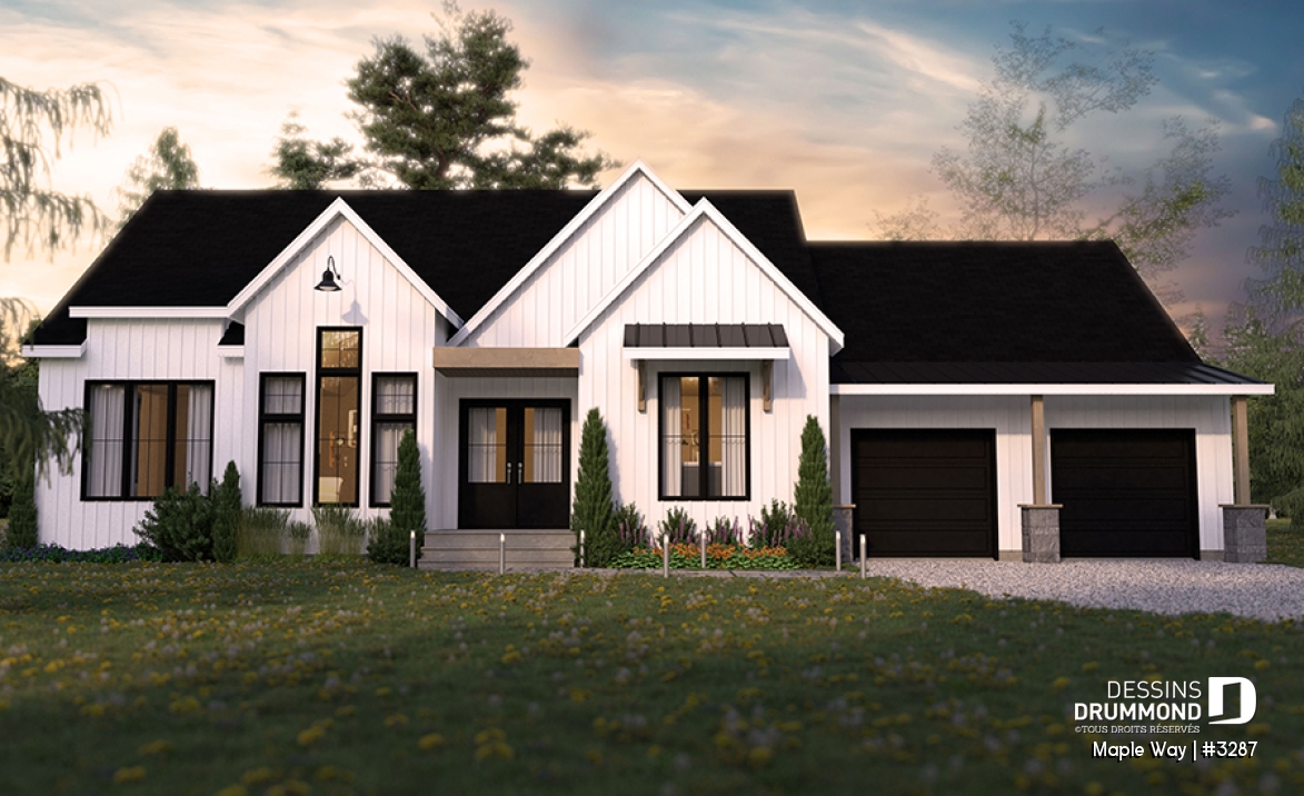 Vue avant - MODÈLE DE BASE - Grand plain-pied Farmhouse, garage double, superbe salle de séjour à plafond de 10', terrasse couverte - Maple Way