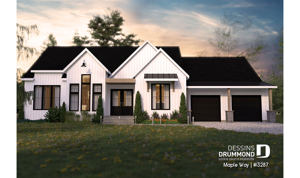 Vue avant - MODÈLE DE BASE - Grand plain-pied Farmhouse, garage double, superbe salle de séjour à plafond de 10', terrasse couverte - Maple Way