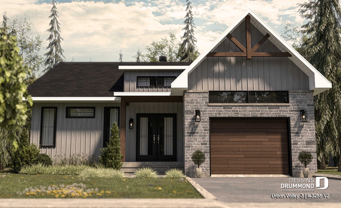Vue avant - MODÈLE DE BASE - Plan de maison nordique 2 chambres, avec garage, garde-manger, vestiaire, chute à linge - Urban Valley 3