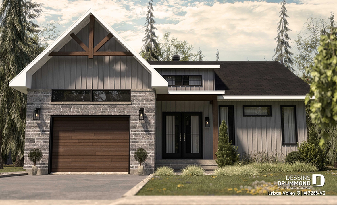 Vue avant - MODÈLE DE BASE - Plan de maison nordique 2 chambres, avec garage, garde-manger, vestiaire, chute à linge - Urban Valley 3