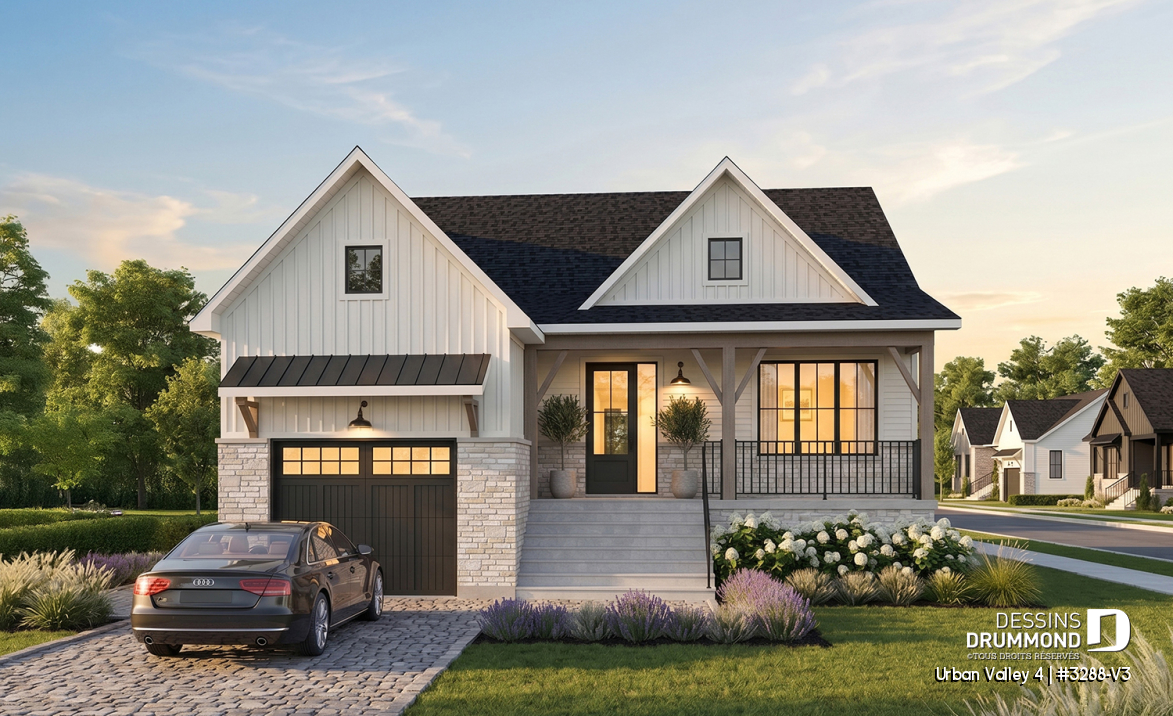 Vue avant - MODÈLE DE BASE - Plan de farmhouse compacte proposant 2 à 6 chambres, aire ouverte, bureau, sous-sol aménagé (optionnel $) - Urban Valley 4