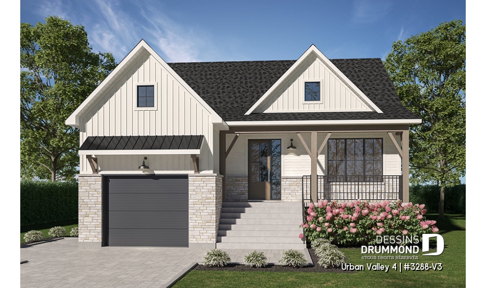 Vue avant - MODÈLE DE BASE - Plan de farmhouse compacte proposant 2 à 6 chambres, aire ouverte, bureau, sous-sol aménagé (optionnel $) - Urban Valley 4