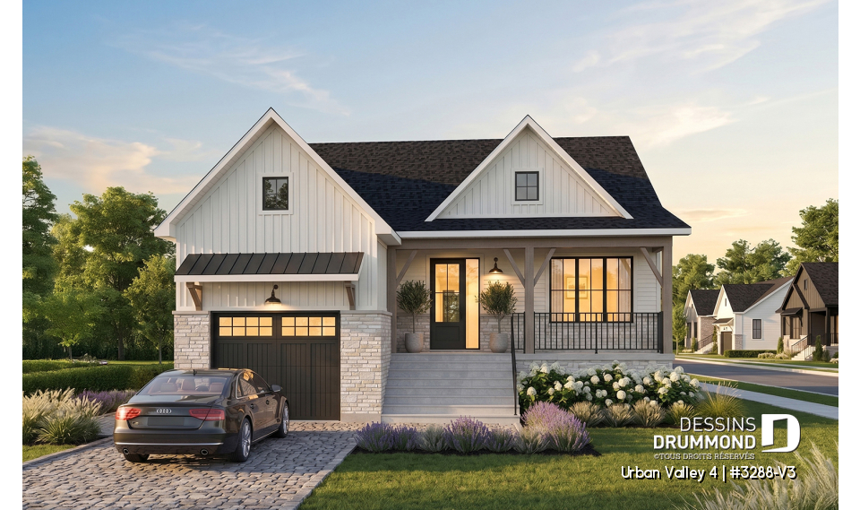 Vue avant - MODÈLE DE BASE - Plan de farmhouse compacte proposant 2 à 6 chambres, aire ouverte, bureau, sous-sol aménagé (optionnel $) - Urban Valley 4