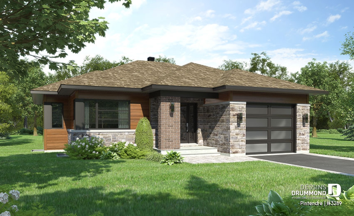 Vue avant - MODÈLE DE BASE - Plan de maison moderne plain-pied avec garage, 2 chambres, garde-manger, walk-in, chute à linge - Pintendre