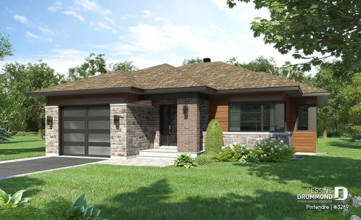 Vue avant - MODÈLE DE BASE - Plan de maison moderne plain-pied avec garage, 2 chambres, garde-manger, walk-in, chute à linge - Pintendre