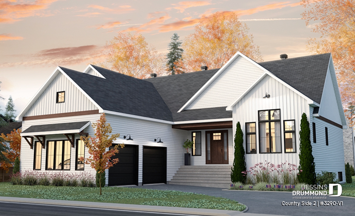 Vue avant - MODÈLE DE BASE - Plain-pied Farmhouse, garage double, suite parentale avec 2 walk-ins, arrière cuisine, vestiaire - Country Side 2