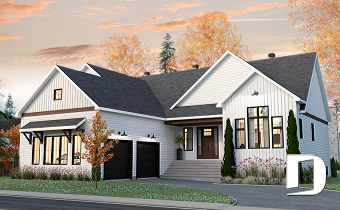 Vue avant - MODÈLE DE BASE - Plain-pied Farmhouse, garage double, suite parentale avec 2 walk-ins, arrière cuisine, vestiaire - Country Side 2