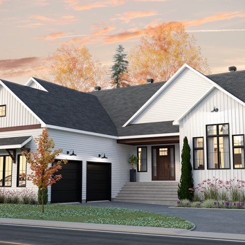Vue avant - MODÈLE DE BASE - Plain-pied Farmhouse, garage double, suite parentale avec 2 walk-ins, arrière cuisine, vestiaire - Country Side 2