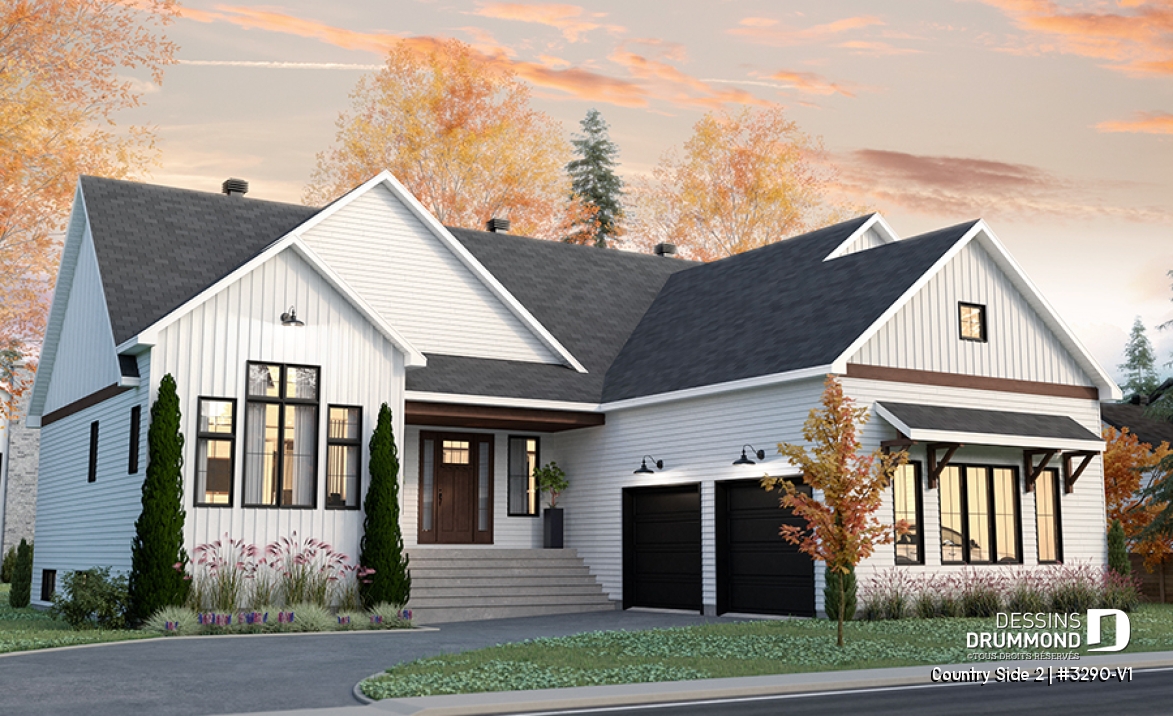 Vue avant - MODÈLE DE BASE - Plain-pied Farmhouse, garage double, suite parentale avec 2 walk-ins, arrière cuisine, vestiaire - Country Side 2