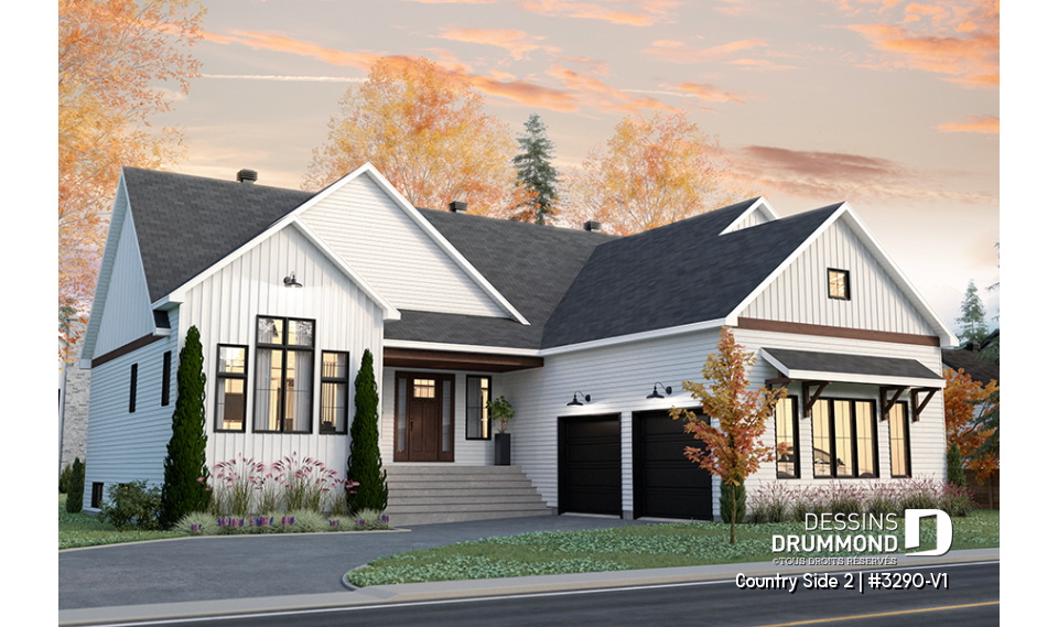 Vue avant - MODÈLE DE BASE - Plain-pied Farmhouse, garage double, suite parentale avec 2 walk-ins, arrière cuisine, vestiaire - Country Side 2