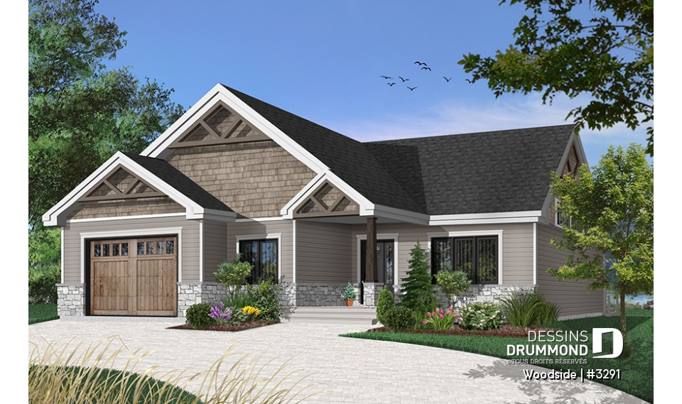 Vue avant - MODÈLE DE BASE - Plan de plain-pied Nordique, 3 chambres ou 2 chambres + bureau, plafond cathédral, 2 salles de bain, garage - Woodside