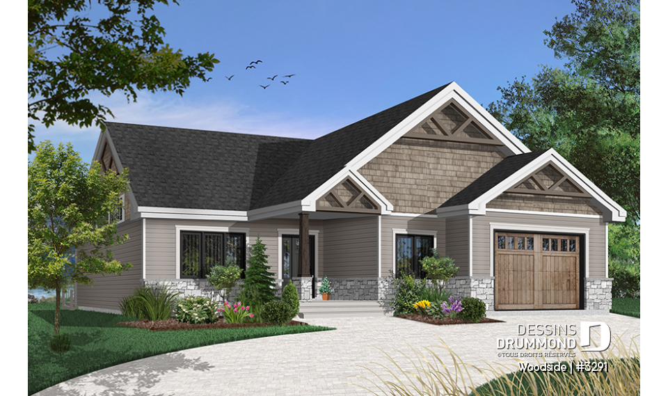 Vue avant - MODÈLE DE BASE - Plan de plain-pied Nordique, 3 chambres ou 2 chambres + bureau, plafond cathédral, 2 salles de bain, garage - Woodside