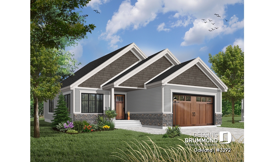 Version couleur no. 9 - Vue avant - Plan de maison pour terrain étroit, 2 chambres, garage, salon spacieux, coin bureau, buanderie - Oakland