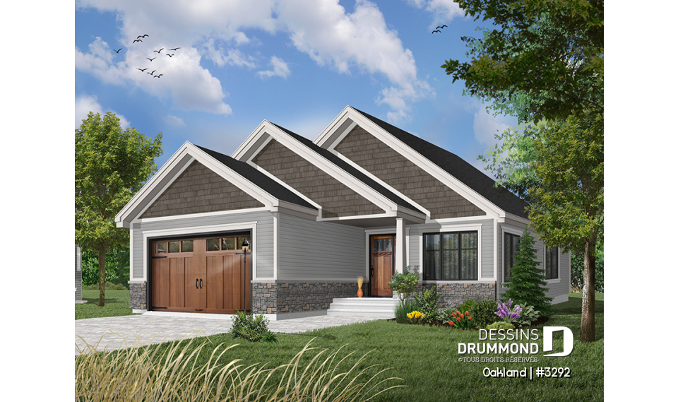 Version couleur no. 9 - Vue avant - Plan de maison pour terrain étroit, 2 chambres, garage, salon spacieux, coin bureau, buanderie - Oakland