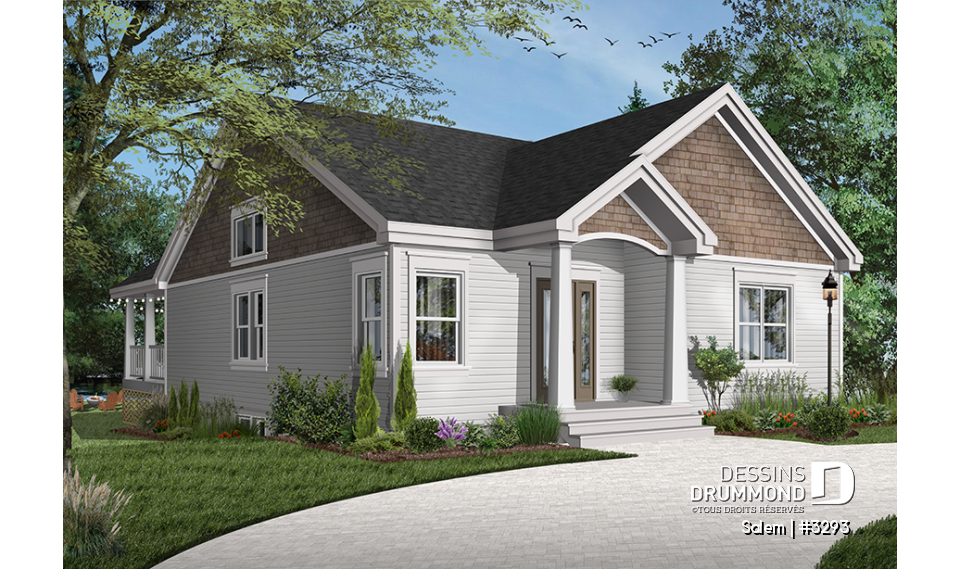 Version couleur no. 2 - Vue avant - Plan maison terrain étroit, grand patio abrité, salle de bain privée, 2 walk-ins, îlot à la cuisine, cathédral - Salem