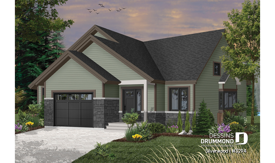 Version couleur no. 9 - Vue avant - Plan de plain-pied 3 chambres avec garage, salle de lavage au r-d-c, plafond cathedrale salon et salle à manger - Silverwood