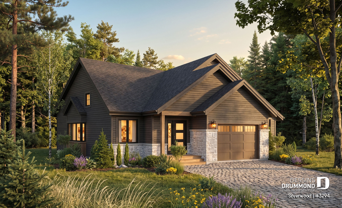 Vue avant - MODÈLE DE BASE - Plan de plain-pied 3 chambres avec garage, salle de lavage au r-d-c, plafond cathedrale salon et salle à manger - Silverwood