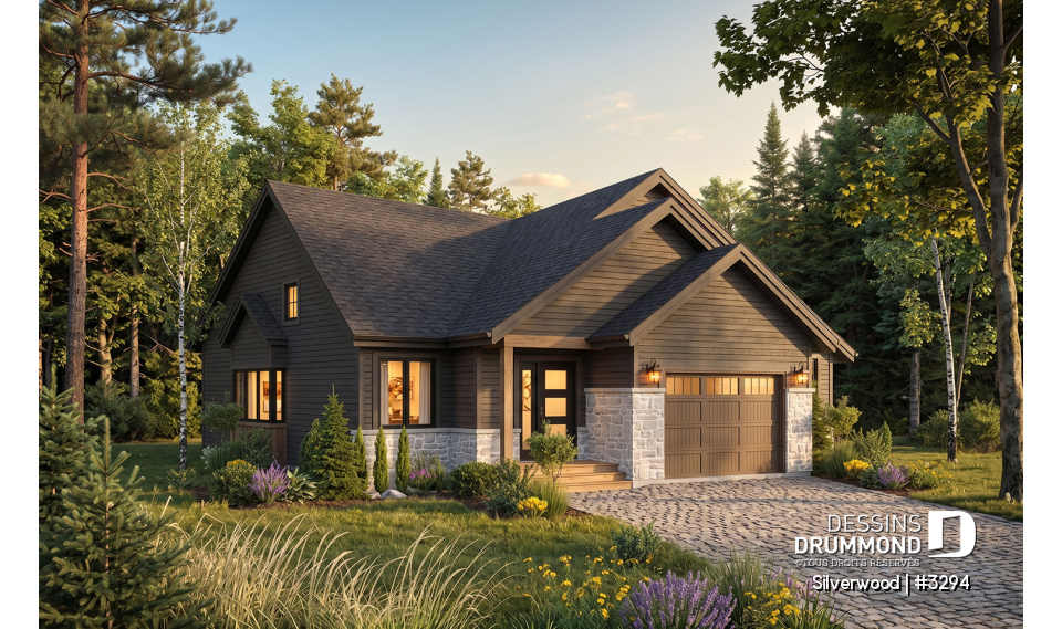 Vue avant - MODÈLE DE BASE - Plan de plain-pied 3 chambres avec garage, salle de lavage au r-d-c, plafond cathedrale salon et salle à manger - Silverwood