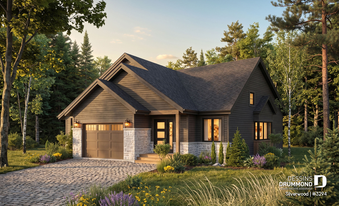 Vue avant - MODÈLE DE BASE - Plan de plain-pied 3 chambres avec garage, salle de lavage au r-d-c, plafond cathedrale salon et salle à manger - Silverwood
