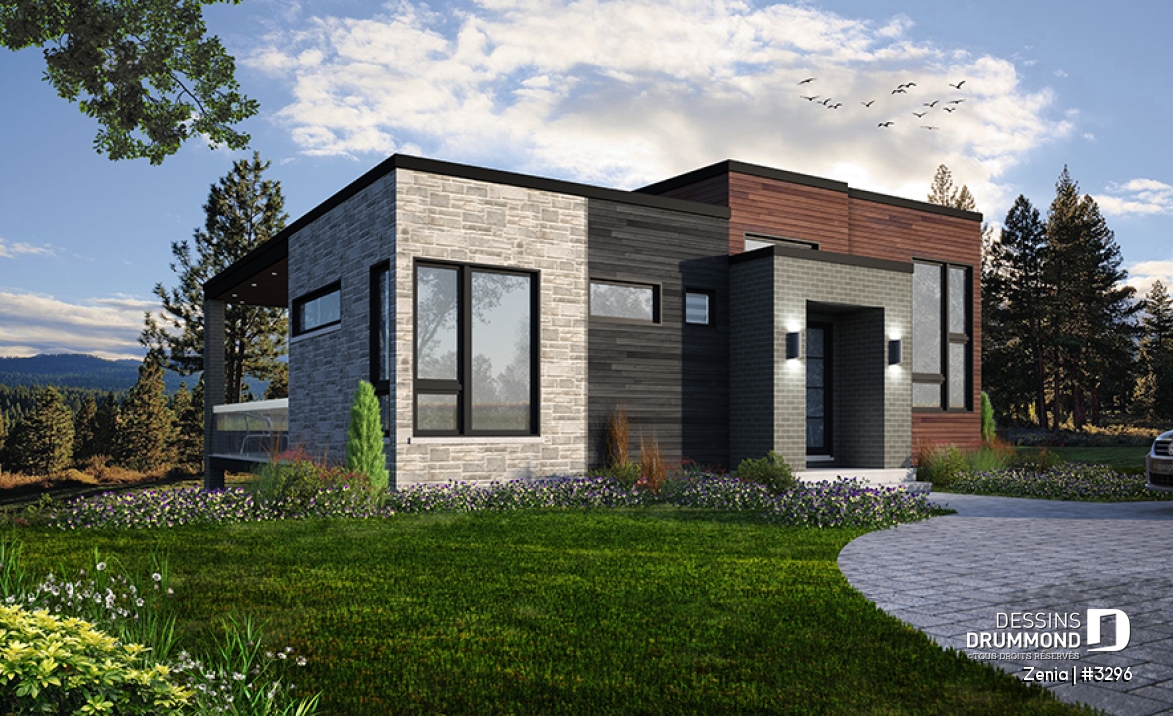 Vue avant - MODÈLE DE BASE - Maison moderne 2 chambre, cuisine et salle de séjour à l'arrière, fondation rez-de-jardin pour espace ++ - Zenia