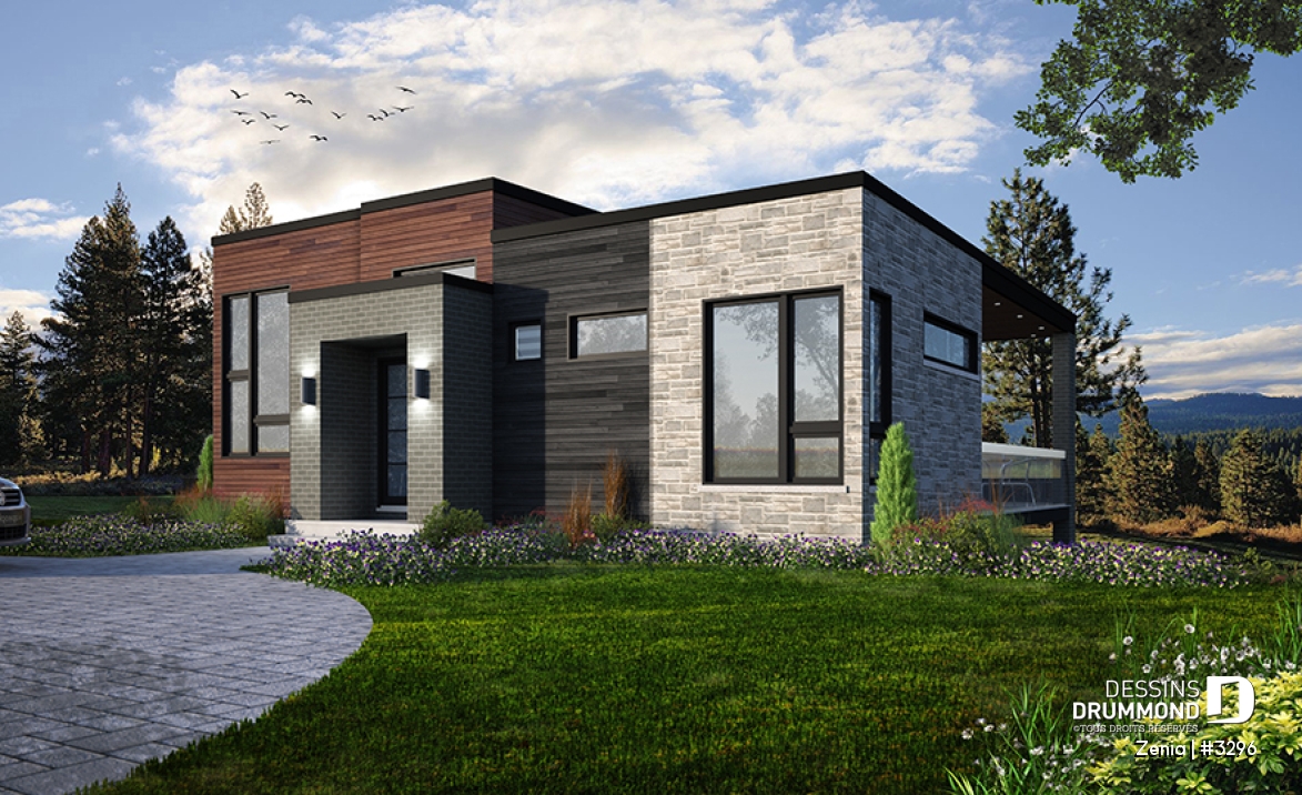 Vue avant - MODÈLE DE BASE - Maison moderne 2 chambre, cuisine et salle de séjour à l'arrière, fondation rez-de-jardin pour espace ++ - Zenia
