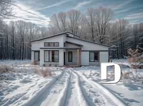 Vue avant - MODÈLE DE BASE - Maison 1 étage, 2 chambres, grande cuisine ouverte sur le salon et salle à manger, vestiaire et garde-manger - Oxford 2