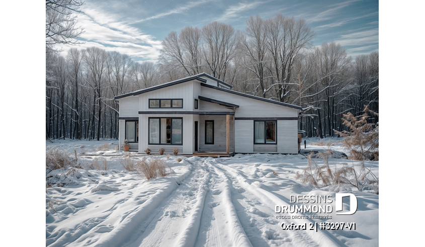 Vue avant - MODÈLE DE BASE du plan de maison unifamiliale 3297-V1 Vue avant - MODÈLE DE BASE - Maison 1 étage, 2 chambres, grande cuisine ouverte sur le salon et salle à manger, vestiaire et garde-manger - Oxford 2