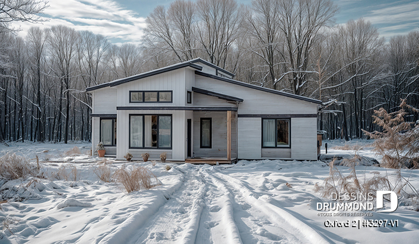 Vue avant - MODÈLE DE BASE - Maison 1 étage, 2 chambres, grande cuisine ouverte sur le salon et salle à manger, vestiaire et garde-manger - Oxford 2