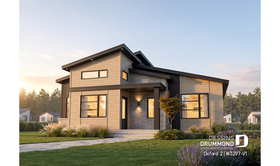 Vue avant - MODÈLE DE BASE - Maison 1 étage, 2 chambres, grande cuisine ouverte sur le salon et salle à manger, vestiaire et garde-manger - Oxford 2