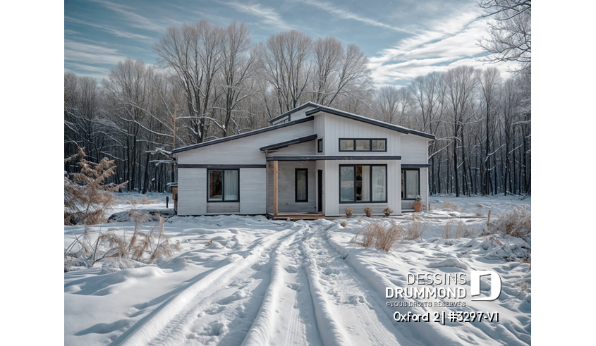 Vue avant - MODÈLE DE BASE - Maison 1 étage, 2 chambres, grande cuisine ouverte sur le salon et salle à manger, vestiaire et garde-manger - Oxford 2