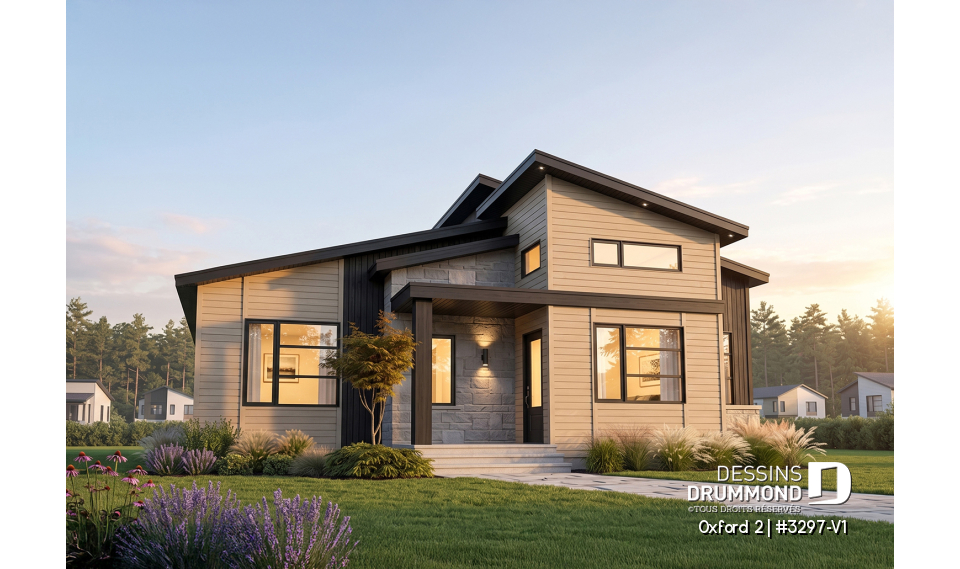 Vue avant - MODÈLE DE BASE - Maison 1 étage, 2 chambres, grande cuisine ouverte sur le salon et salle à manger, vestiaire et garde-manger - Oxford 2