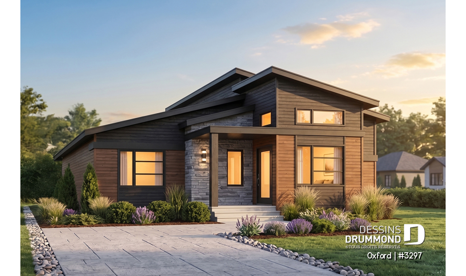 Vue avant - MODÈLE DE BASE - Plan de bungalow 1 chambre avec toit en pente de style contemporain rustique, aire ouverte, vestiaire - Oxford